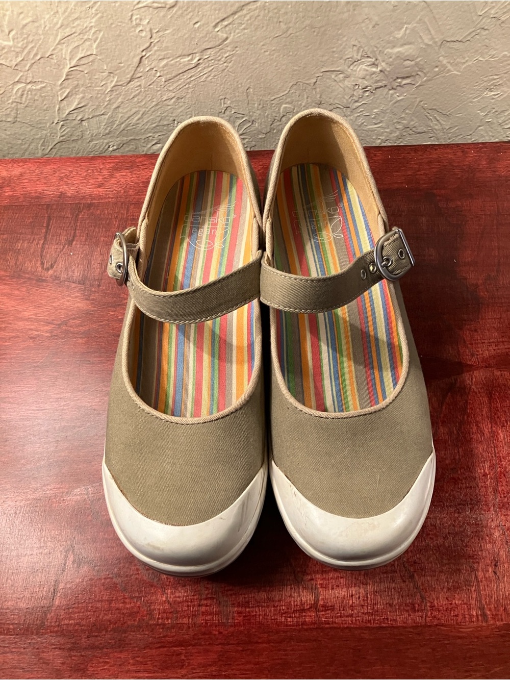 Dansko Tan Canvas Mary Jane Shoes with White Toe